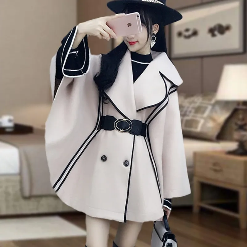 Nice High Quality Winter Woolen Cloth Shawl Outerwear With Belt Women Korean Chic Ladies Double Breasted Thick Warm Cape Coats