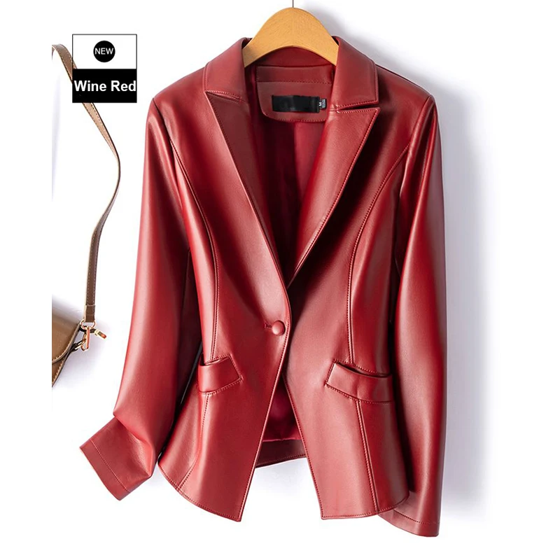 Chic Wine Red Women Split Leather Jacket Coats Fashion Single Button Long Sleeve Slim Ladies Slim Sheepskin Jackets Size M-5XL