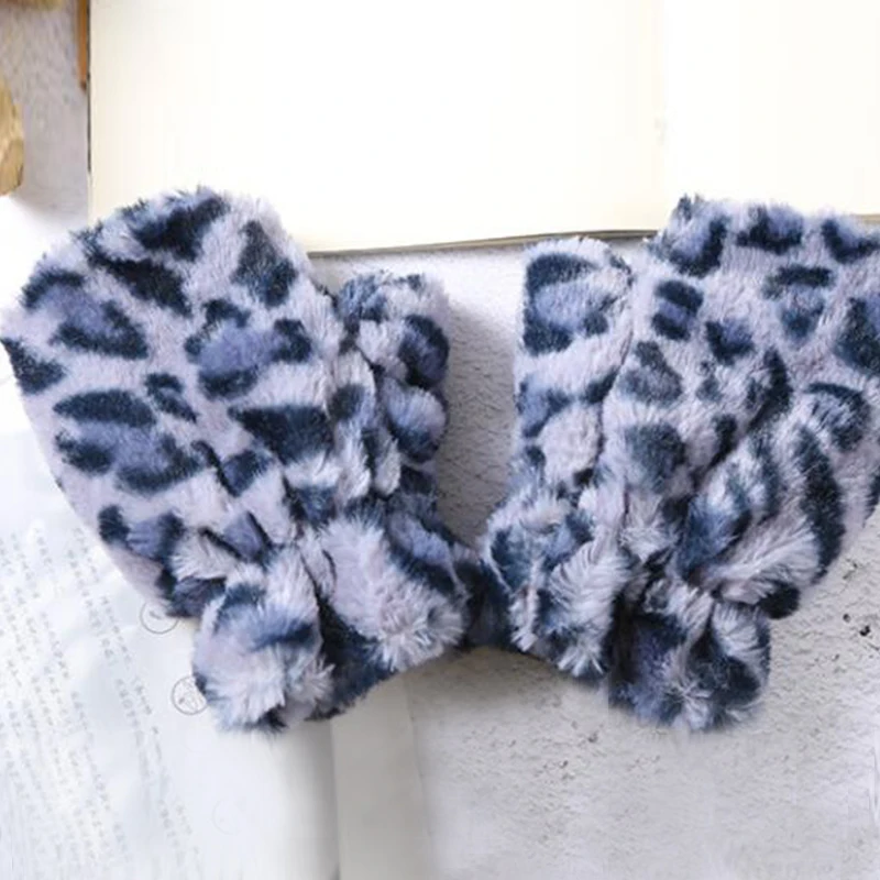 Womens Fashion Fingerless Gloves Leopard Printed Plush Fleece Glove Half Finger Mittens