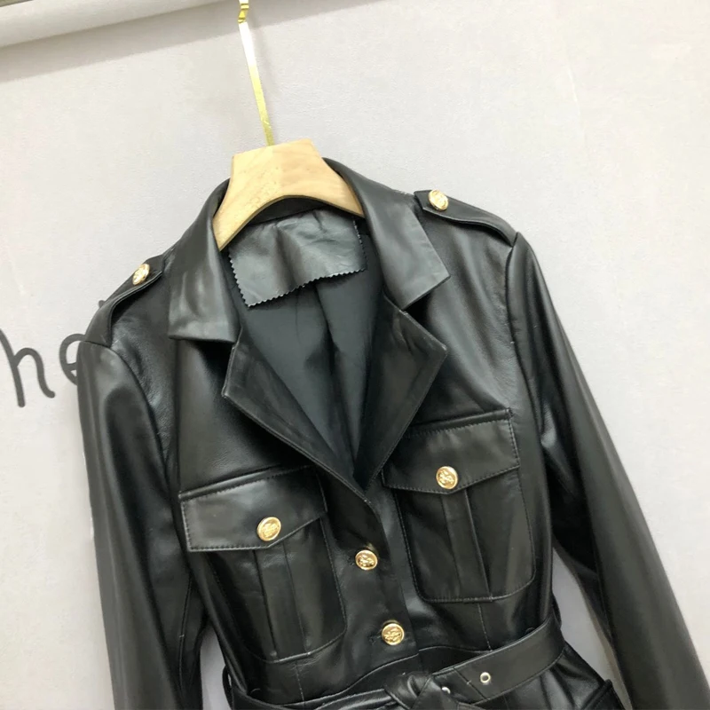 Vestes Vintage multi-poches en cuir véritable pour femmes, manteaux de costume chic en peau de mouton à simple boutonnage avec ceinture à lacets, nouvelle collection 2025