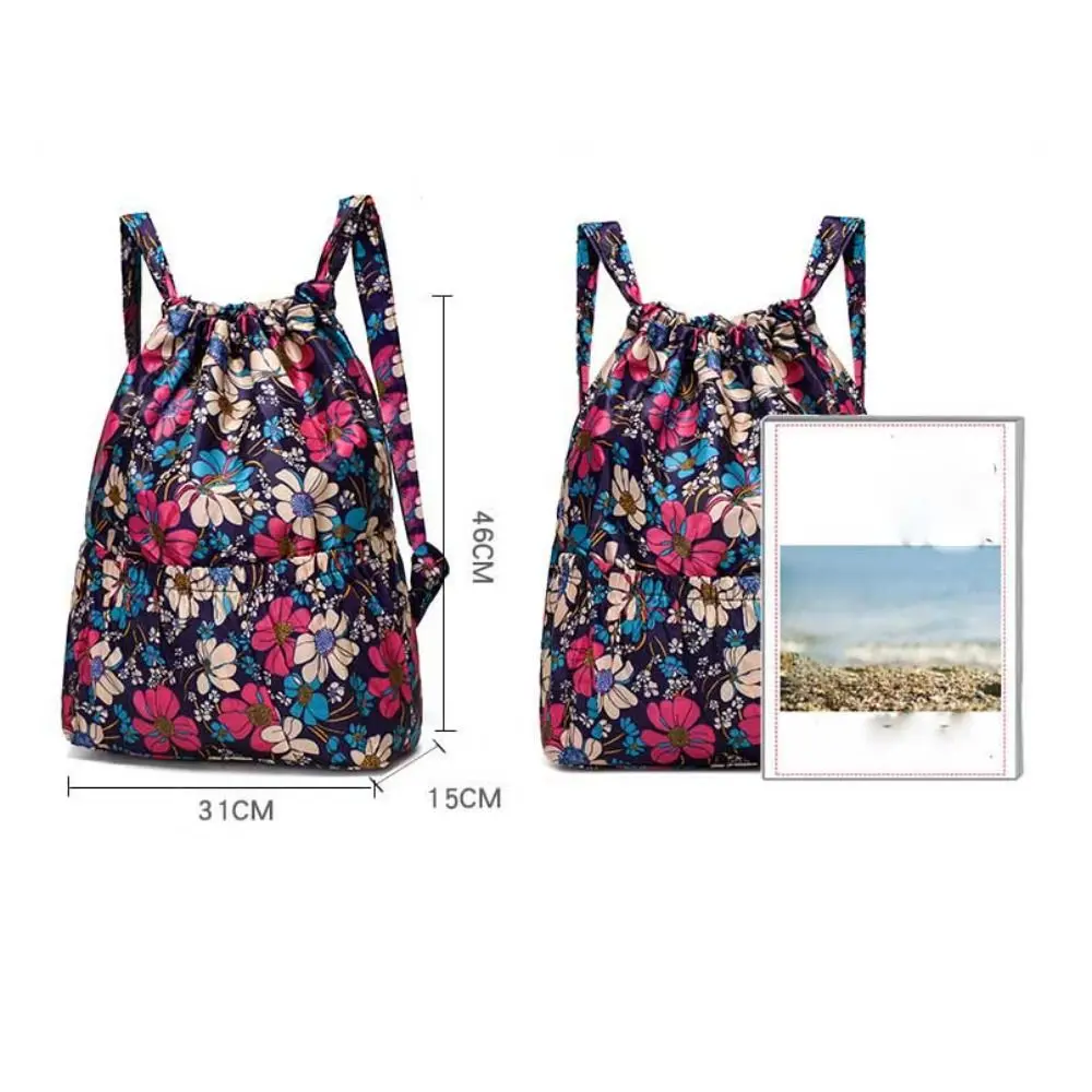 Fashion Floral Printed Drawstring Bag Waterproof Polyester Backpacks Fold Lightweight Portable Shopping Bag Teenage Girls