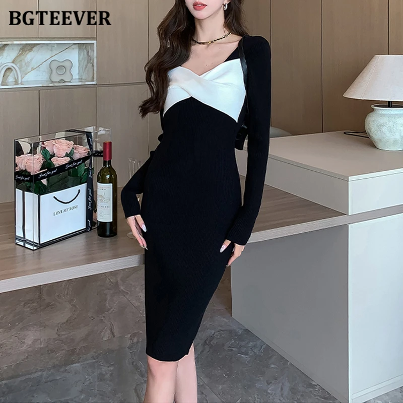 

BGTEEVER Autumn Winter Stylish Ladies Patchwork Bodycon Sweater Dress Elegant Long Sleeve Female Knitted Package Hip Dress