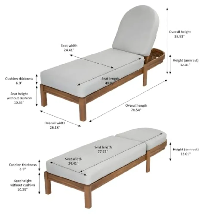 Outdoor chaise lounge chair for poolside use, made of acacia wood with teak finish and light gray cushions, featuring adjustabl