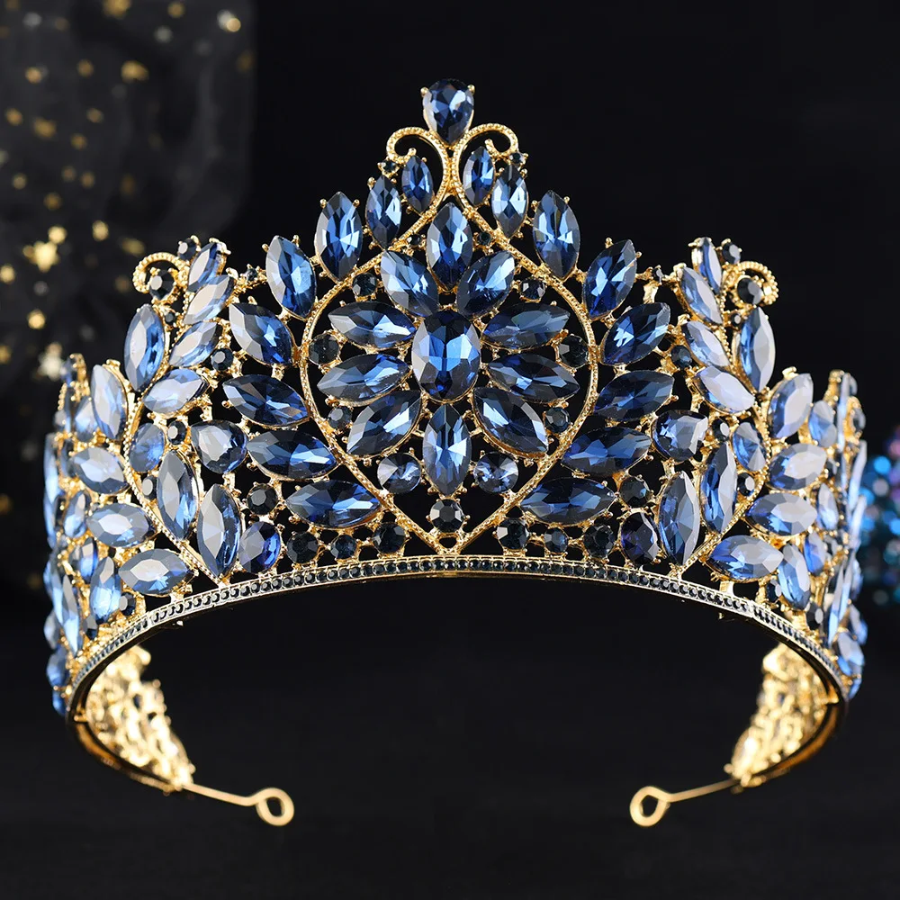 DIEZI Baroque Water Drop Full Dark Blue Crystal Crown Women Men Party Bridal Bride Luxury Queen Tiara Crown Hair Accessories