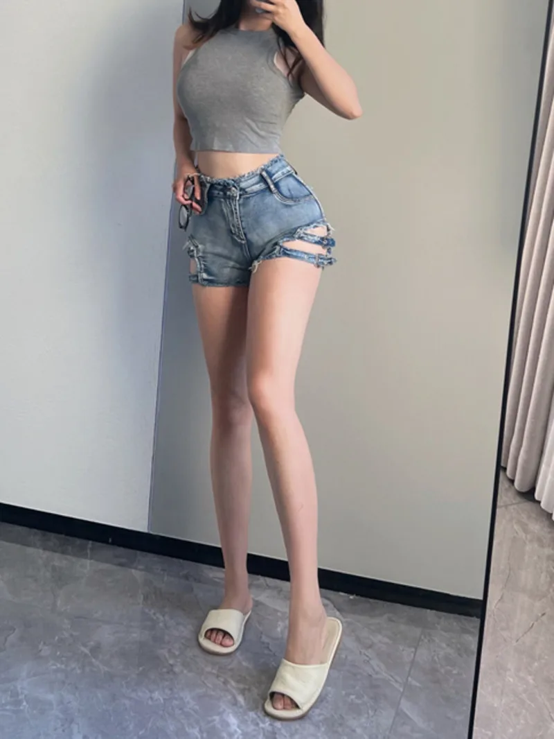 Mädchen amerikanischen würzigen Stil Retro Distressed enge elastische Fransen Denim Shorts Frauen Sommer hoch taillierte Wickel Hüfte Shorts b2hd