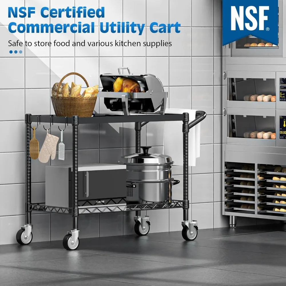 2 Tier Utility Cart Wheels, NSF Certified 900LBS Capacity Heavy Duty Rolling Utility Carts Handle Bar, Serving Storage Cart