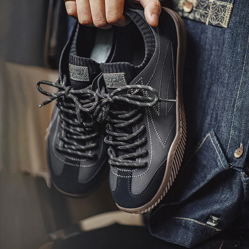 Maden Retro Black Patchwork German Trainers Shoes One-piece Knit Sock Sneakers Lace-Up Casual Men's Summer Sporty Board Shoes