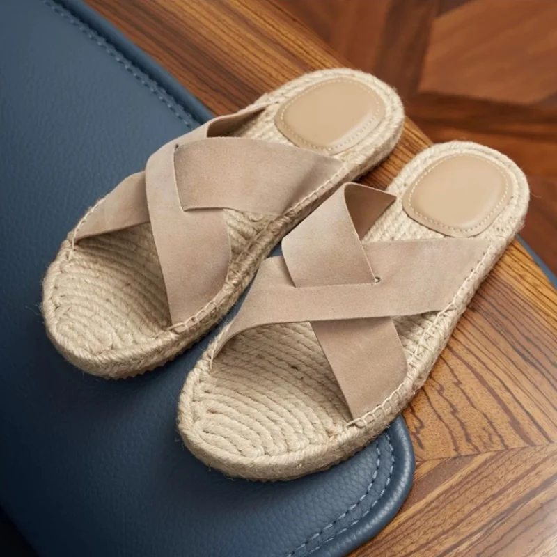 European Fisherman's Bottom Hemp Rope Men's Slippers Summer Sandals Fashion Open-toe Hollow-out Suede Men Cool Slippers Shoes