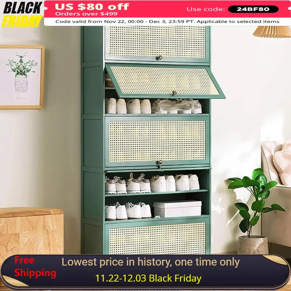 11-Tier Slim Shoe Cabinet with Rattan Decor Doors，Breathable Shoe Rack Organizer，Storage Cabinet，Free Standing Shoe Racks