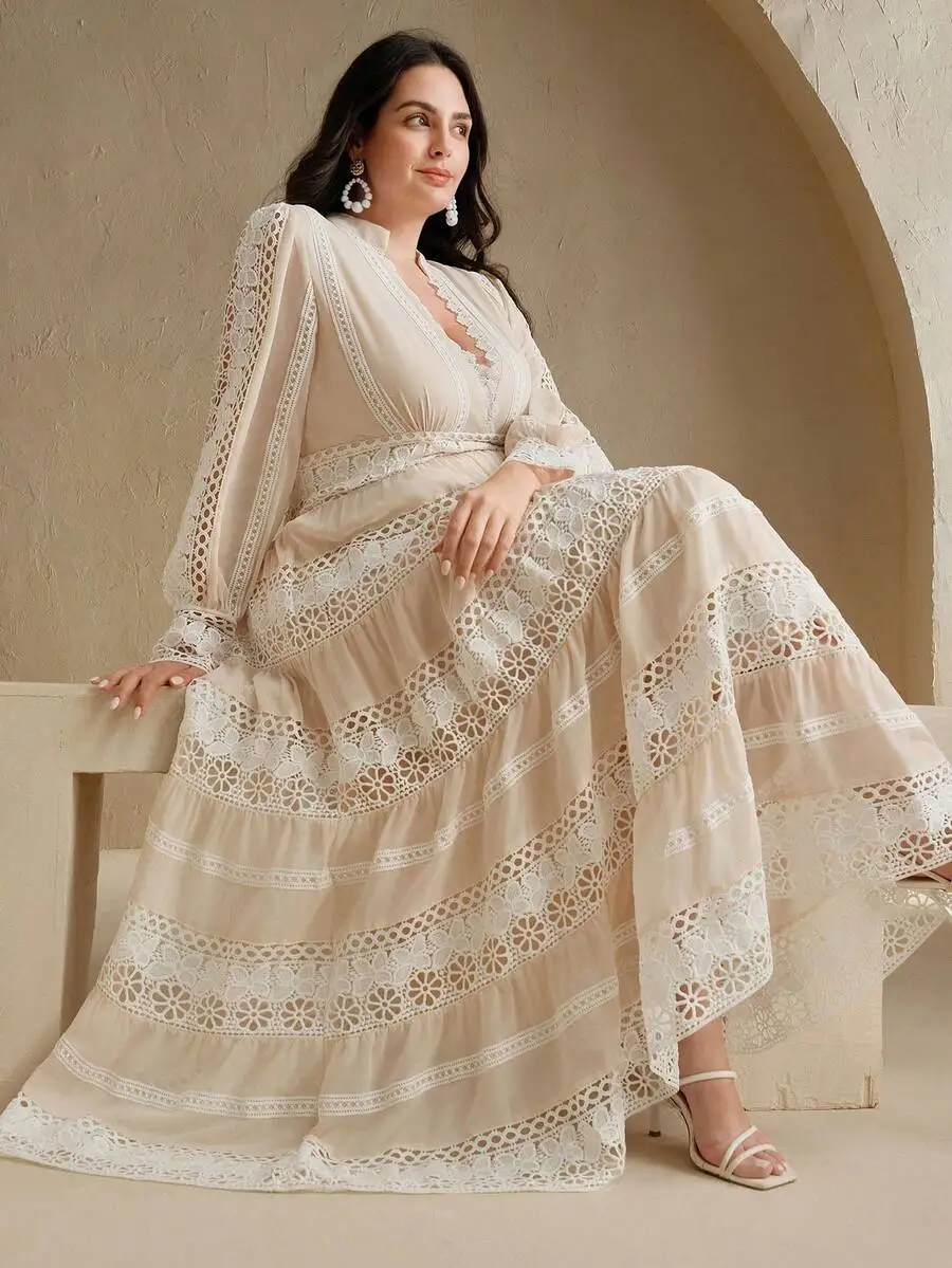 

Elegant Plus Size Lace Patchwork Romantic Long Dress For Spring Festival Holiday