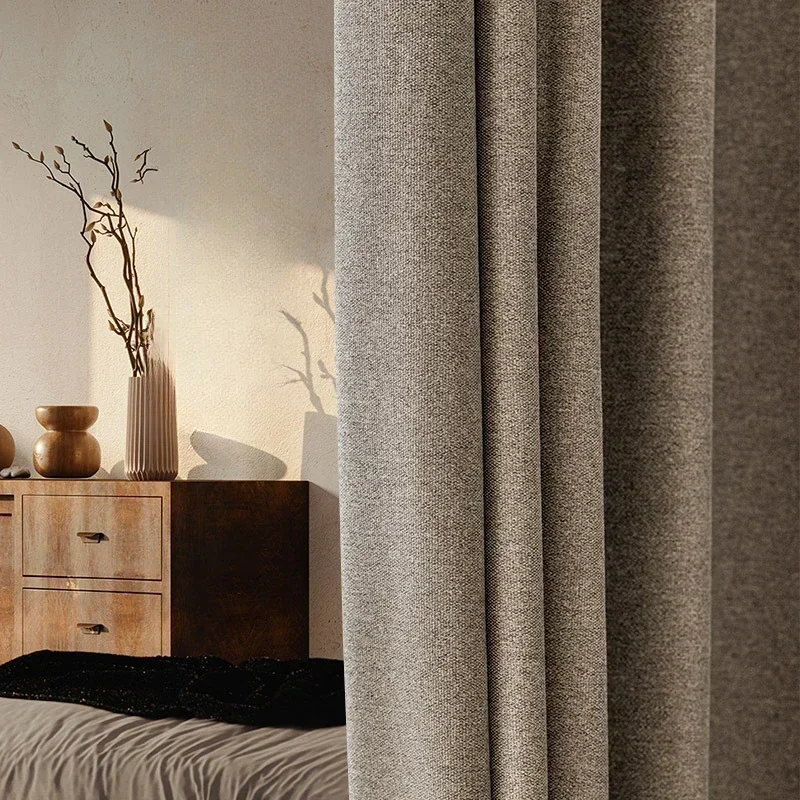 Curtains For Living Room Japanese Wabi-sabi Woven Blackout Bedroom Dining Luxury Thicken Brown White Tulle Window Mink Velvet