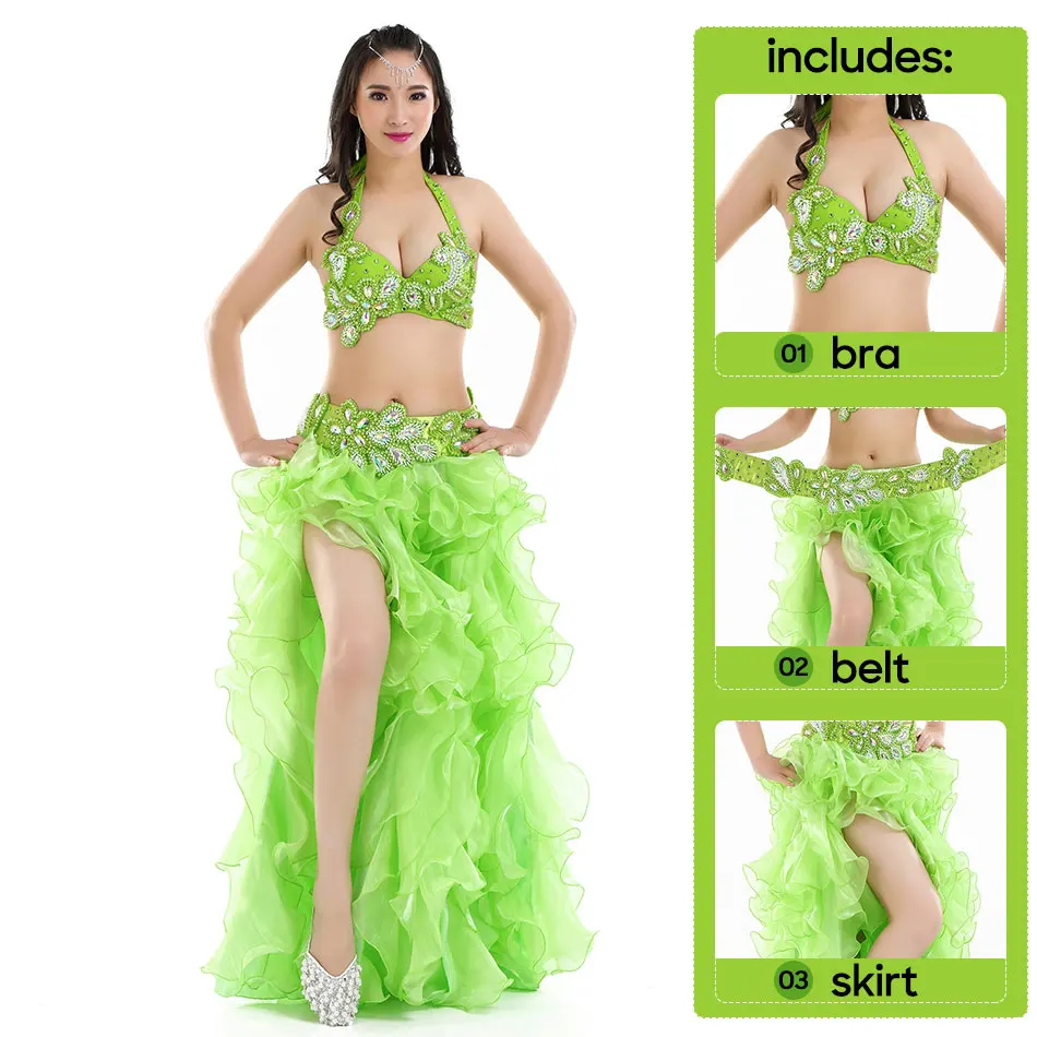 Belly Dance Costume 3 Pieces Set Handmade Bra Belt & Skirt  3 Color Options Practice Clothes For Adult Women Stage Performance