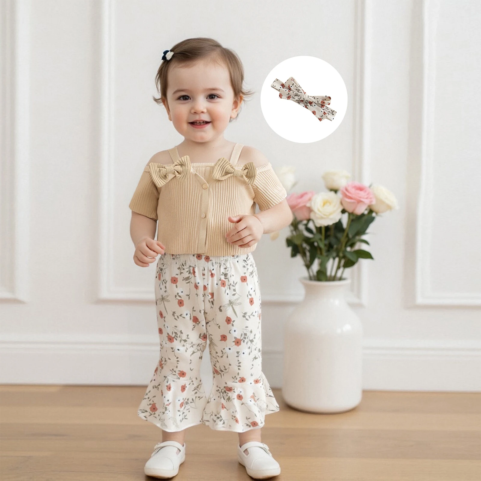 

Infant Baby Girls 3Pcs Outfits Summer Off Shoulder Ribbed Romper+Floral Flare Pants+Headband Newborn Clothes Sets 0-24M