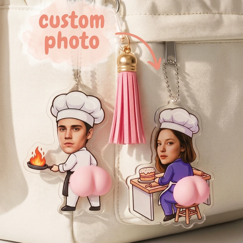 Personalized Custom Photo Chef Acrylic Keychain,Squishy Butt Fidget Charm,Funny Gag Key Ring,Stress‑Relief,Prank Gift,Car Key