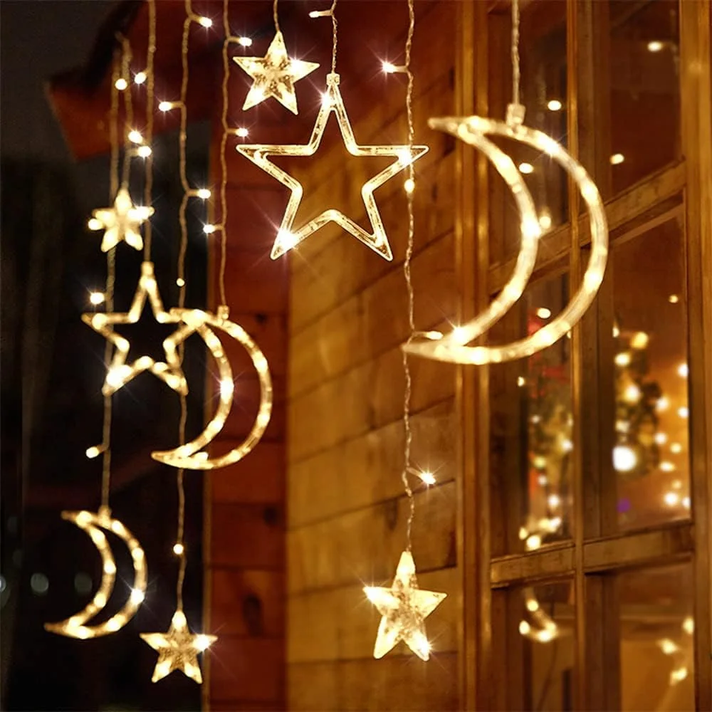 Imagem -04 - Christmas Moon Star Curtain Lights Janela Fairy String Lights Janela Interior Pátio Decoração do Quarto do Miúdo 220v 138 Leds