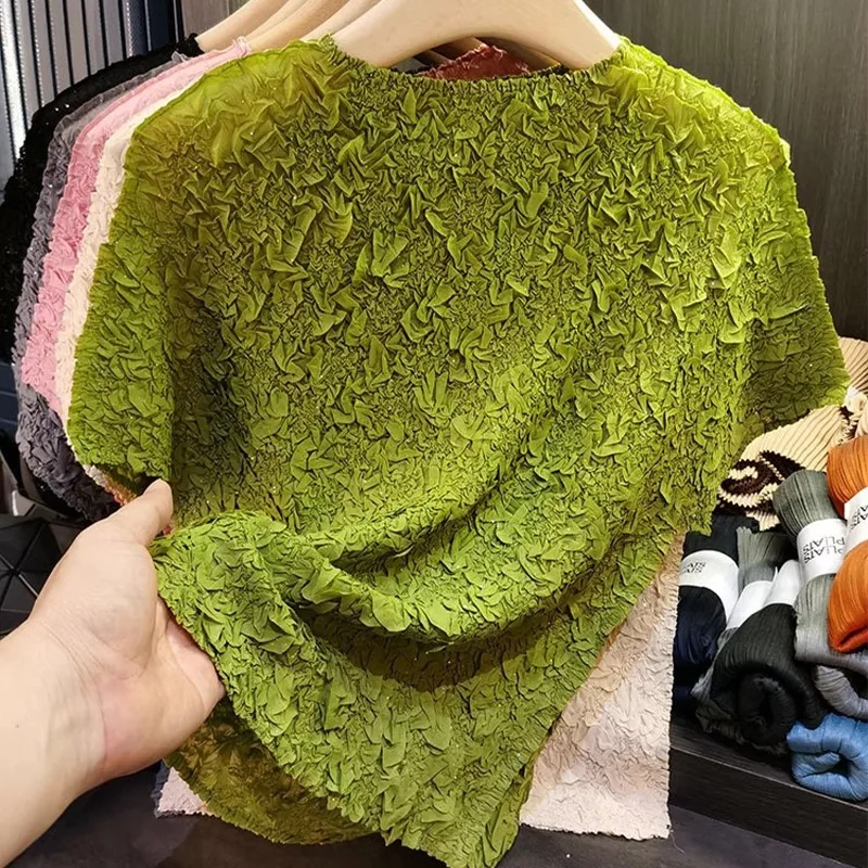 

Miyake плиссированная футболка с короткими рукавами, женская летняя новая декоративная футболка с блестками, однотонные топы, плотные с эластичностью