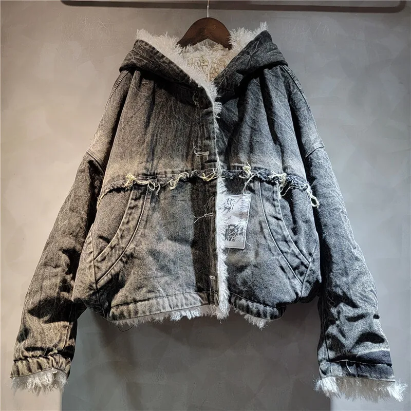 DEAR Women's Denim Coat Patchwork Washed Do Old Lamb Wool Batwing Sleeve Hooded Thick Jackets 2025 Spring Fashion New 29L9116