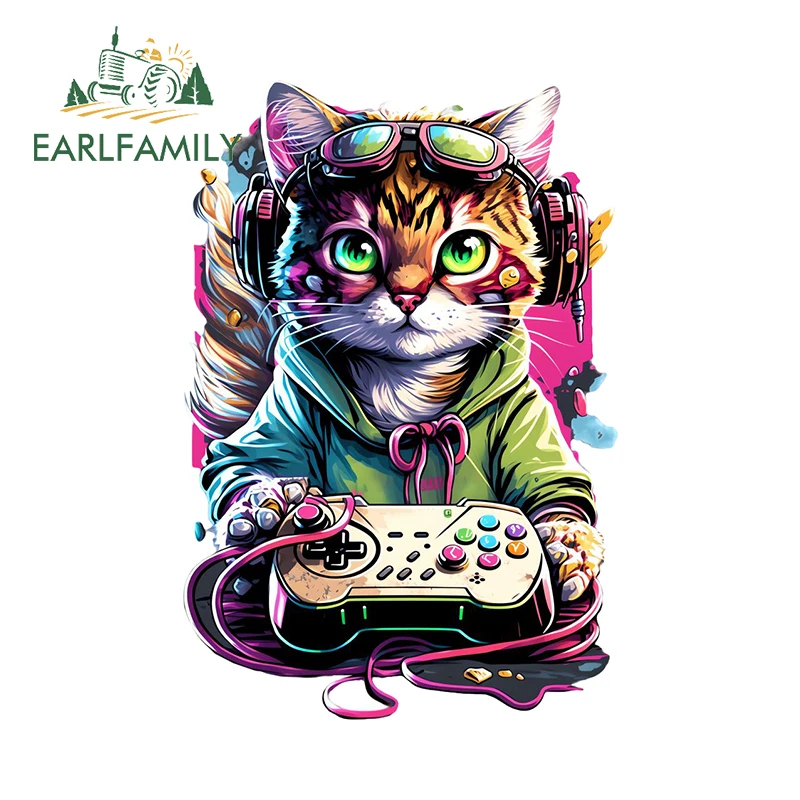 EARLFAMILY for Fashionable DJ Kitten Car Stickers Creative Colorful Cartoon Tuya Decals Scratch-proof Waterproof Car Wrap