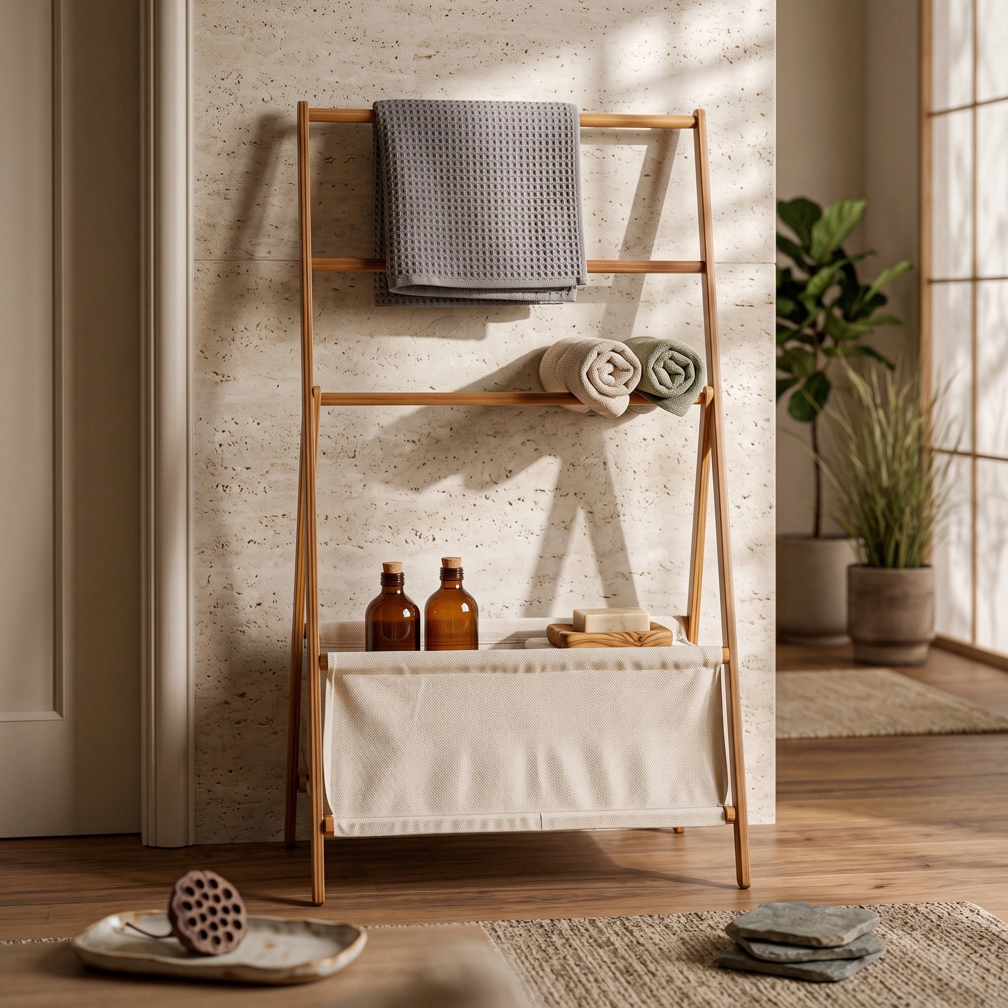 Clothes Rack with Storage Bin Wood-Look Slanted Frame Garment Rack Floor Hanger Versatile Furniture Multi-Purpose for Renters