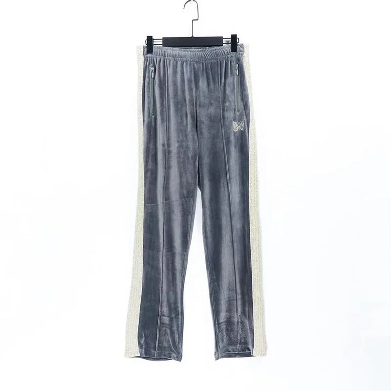 Cotton Arrival Wash Gray Retro Pants Butterfly Embroidery Logo Oversize Zipper Men Women Trousers Webbing Track Stripe