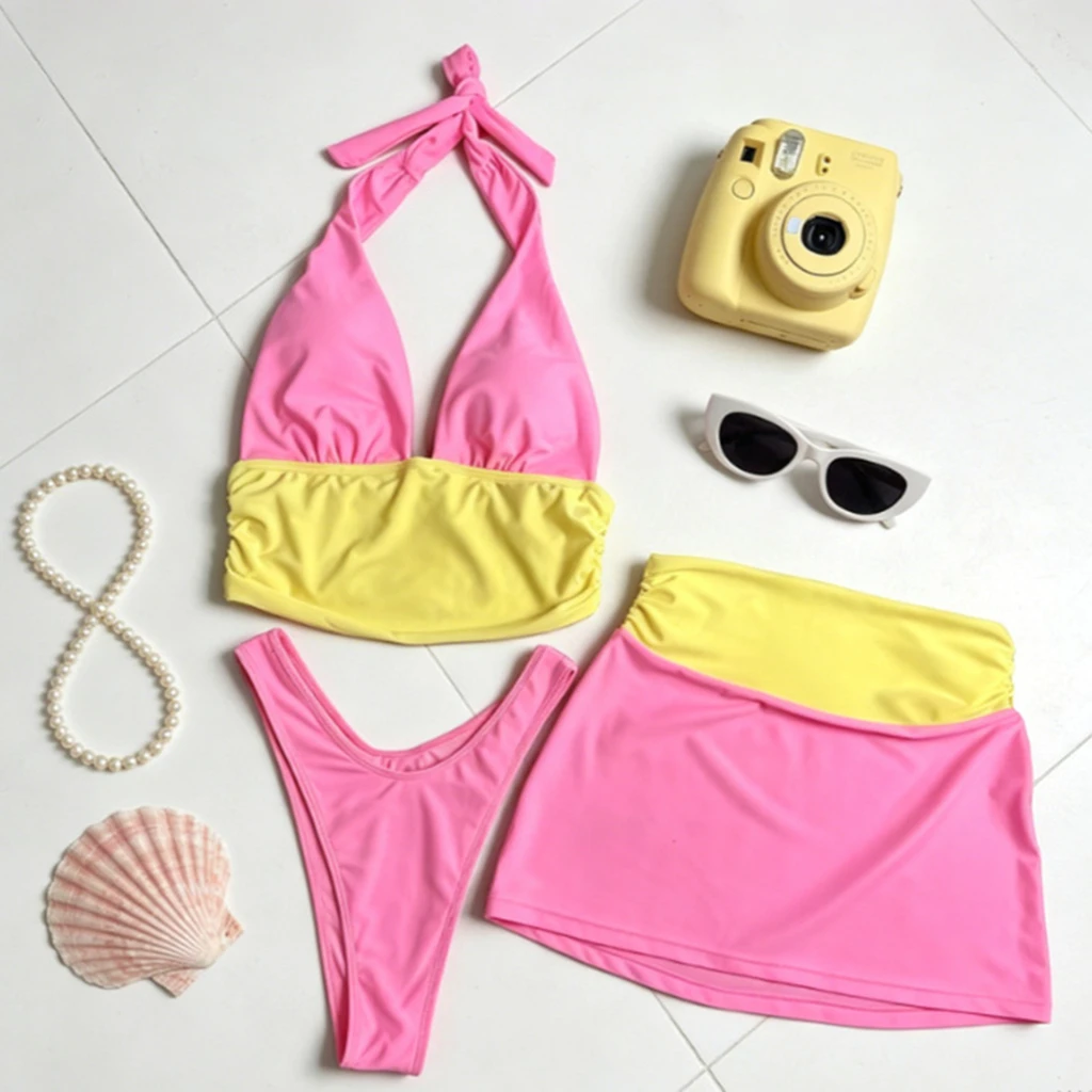 3Pcs Swimsuit With Skirt Sexy Women Swimwear Micro Bikini Set Female Push Up Swim Suit Halter Top Biquini Beachwear Bathingsuit