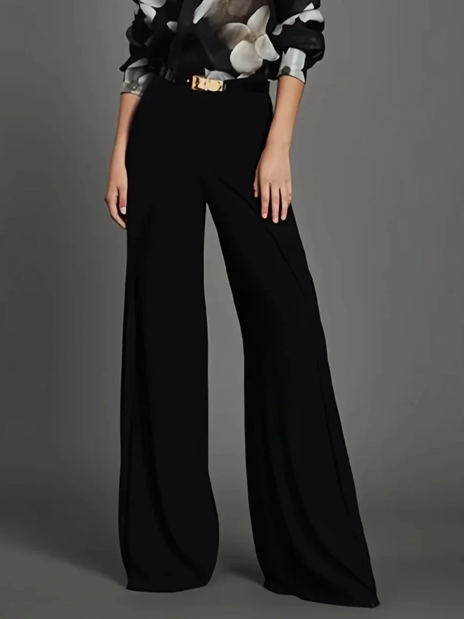 

Beauty Blue Black Women's Pants Office Lady Suit Pant New Fashion High-Waisted Pocket Loose Simple Button Female Wide-leg Pants