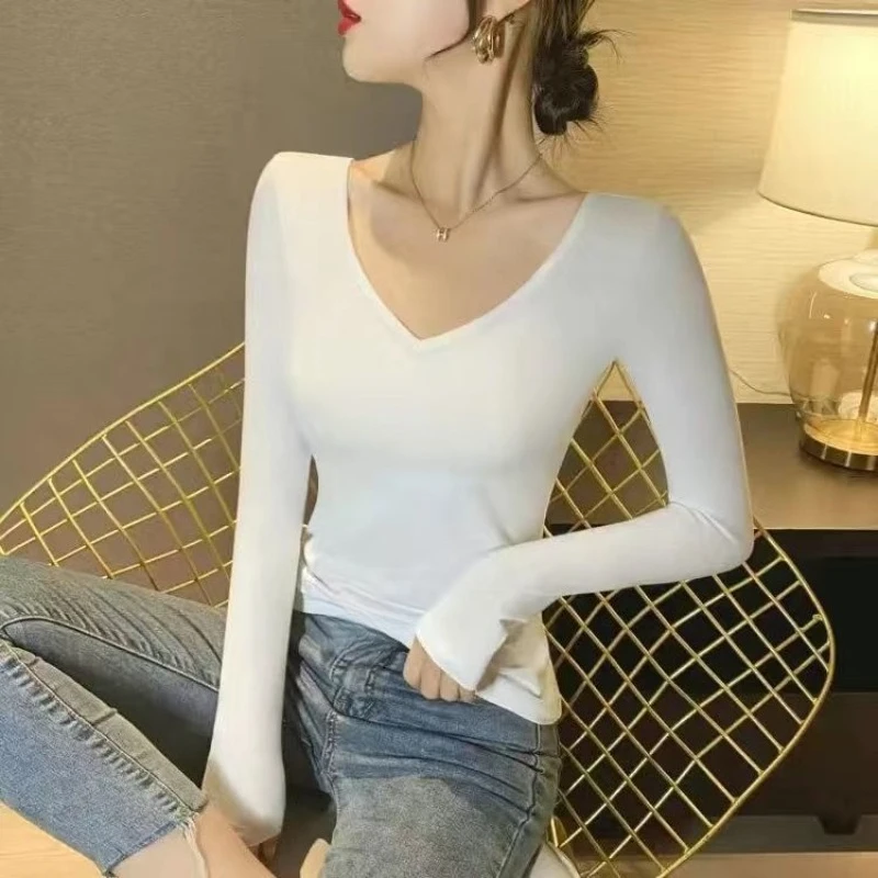 

Женская облегающая верхняя одежда в корейском стиле из двух частей с v-образным вырезом больших размеров, весна и осень, футболка с длинными рукавами