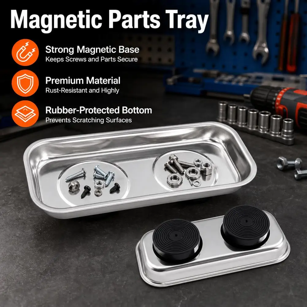 Magnetic Tray Stainless Steel Magnetic Parts Securely Holder Round Rectangular Magnetic Bowl Tools Screw Wrench Organizer Tray