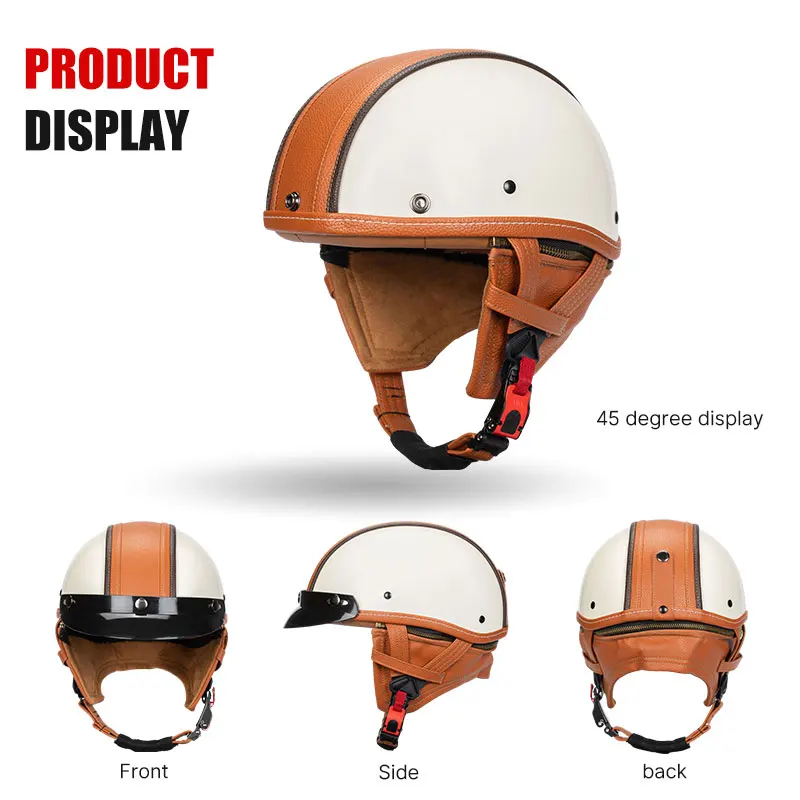 Retro Half Face Motorcycle Helmets Vintage Low Profile Open Face Helmet Leather DOT Approved Men Women Motorbike Scooter Helm