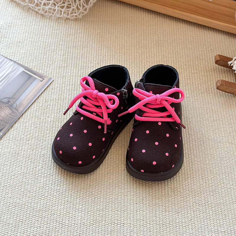 2025 Winter Children Boots Pu Leather Cute Polka Dots Barefoot Shoes Rubber Sole Ankle Fashion Toddler Girls Boots 23-31