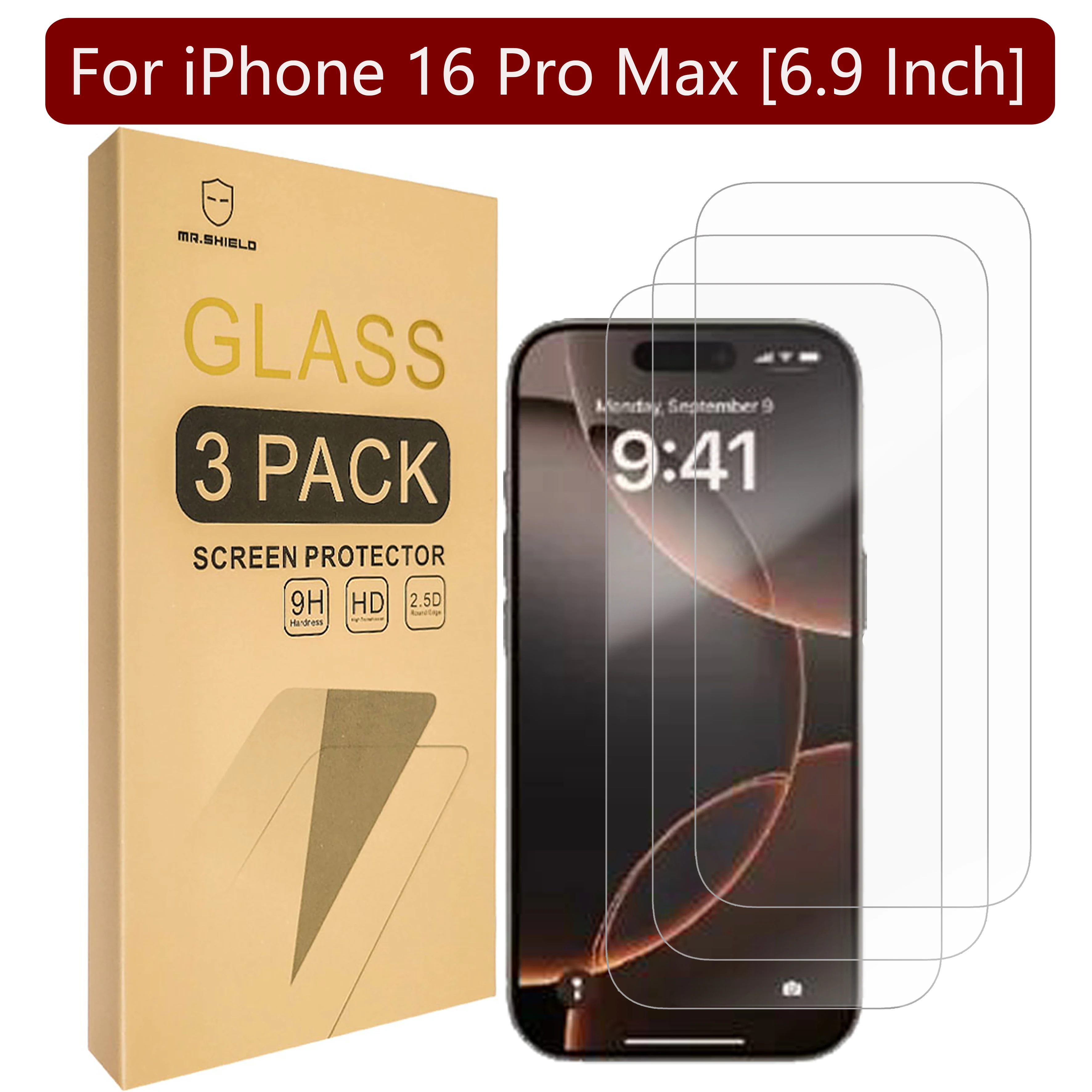 

Защитная пленка Mr.Shield для экрана, совместимая с iPhone 16 Pro Max [6.9 Inch] [закаленное стекло] [3 шт. в упаковке] [Японское стекло с твердостью 9H]