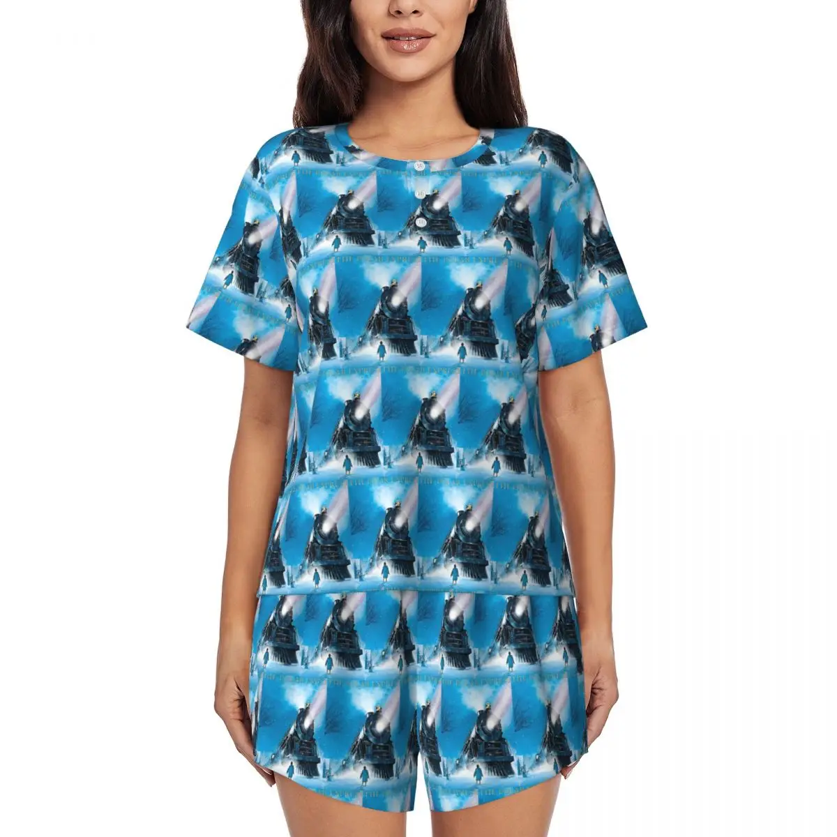 

The Polar Express Round Neck Short Sleeve Nightgowns for Sleeping Sleepshirts Women Loose Pajama Set Short Pants