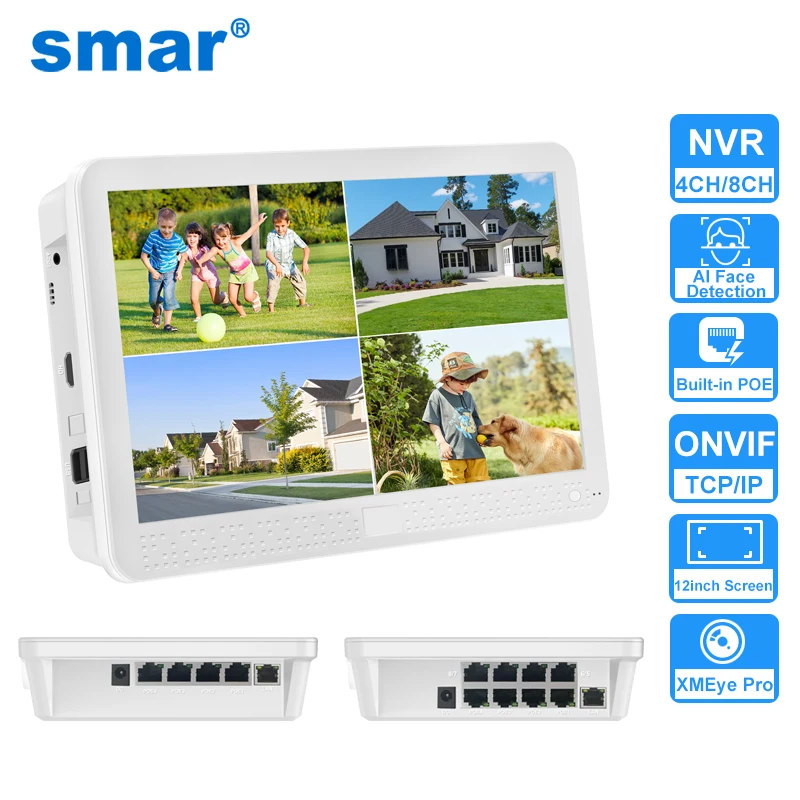 Smar 4/8CH POE NVR With Monitor 12 Inch Screen Network Video Recorder H.265 NVR For Security Camera System ICSee APP