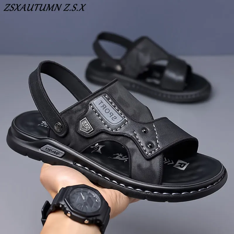 

Мужская обувь, новые летние сандалии, мужские спортивные модные нескользящие повседневные кожаные мужские пляжные туфли из воловьей кожи, уличные тапочки на толстой подошве