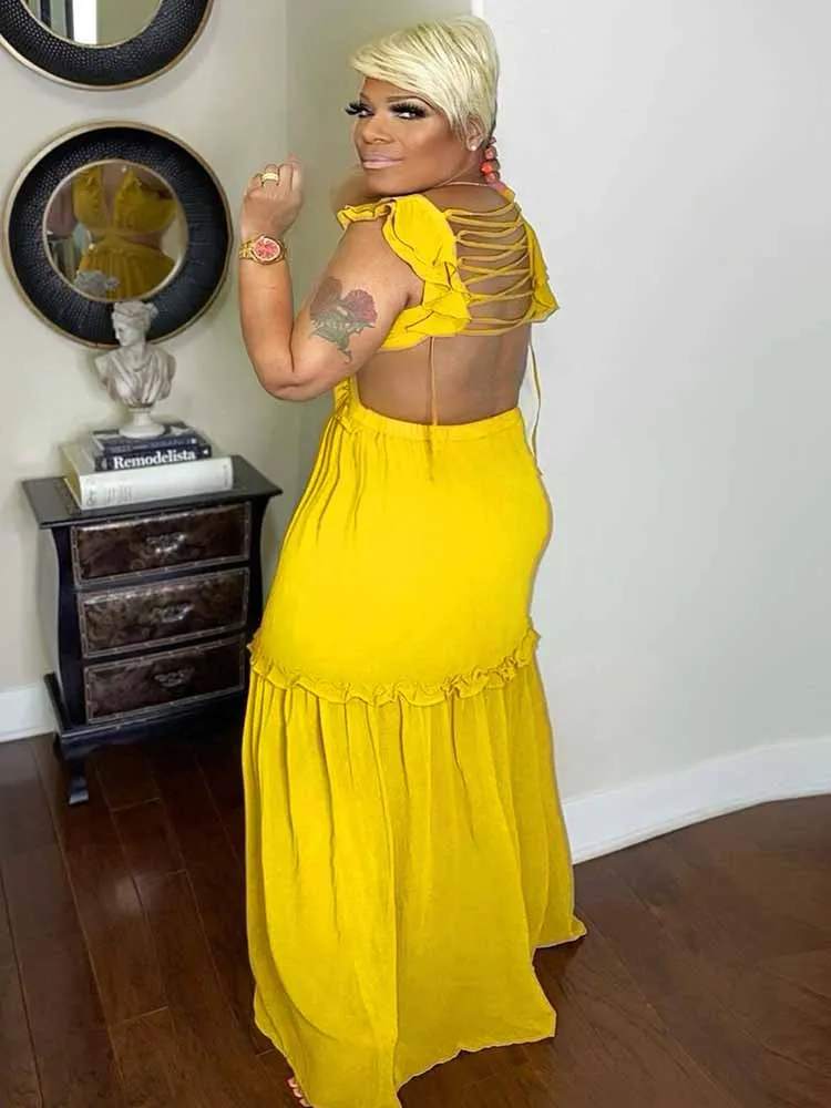 Vestido de cumpleaños para mujer, maxivestido amarillo con Espalda descubierta, cuello en V, talla grande, elegante, venta al por mayor, envío