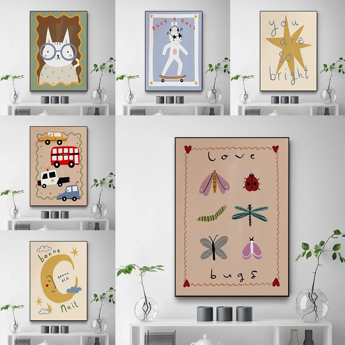 

Home Decor Room Aesthetic Bohemian Sun Moon Animal Cartoon Illustration Posters Abstract Painting Frames Wall Pictures Vintage