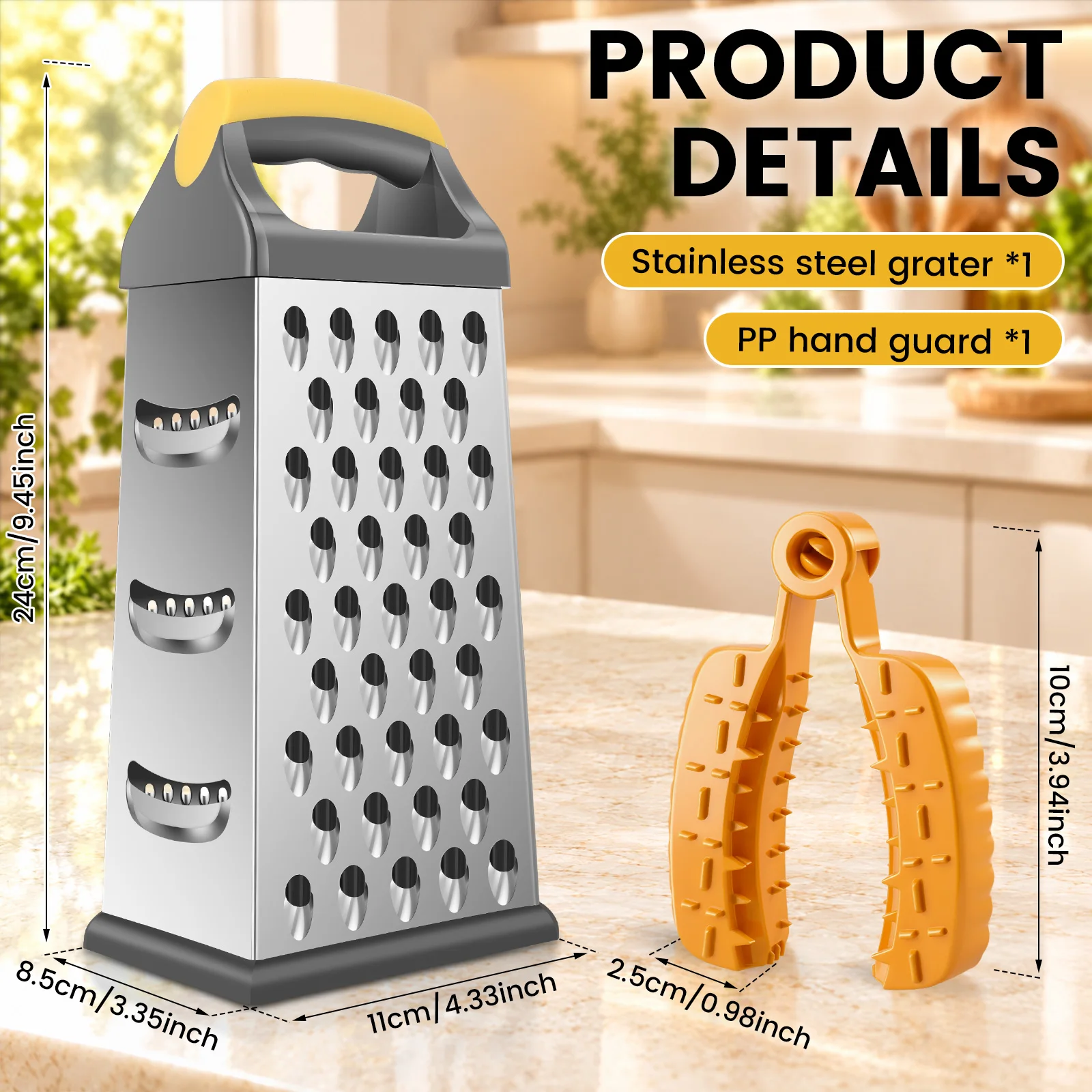 Stainless Steel 4 Sided Blades Box Grater Non Slip Cheese Grater with Hand Guard Clamp Vegetable Graters for Kitchen Accessories