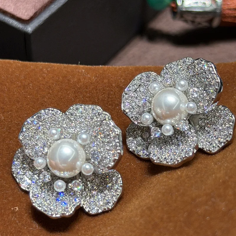 Women Flower Imitation Pearl Cubic Zirconia Stud Earrings Full Paved Floral Pearl Earrings Sparkling Daily Wear Jewelry
