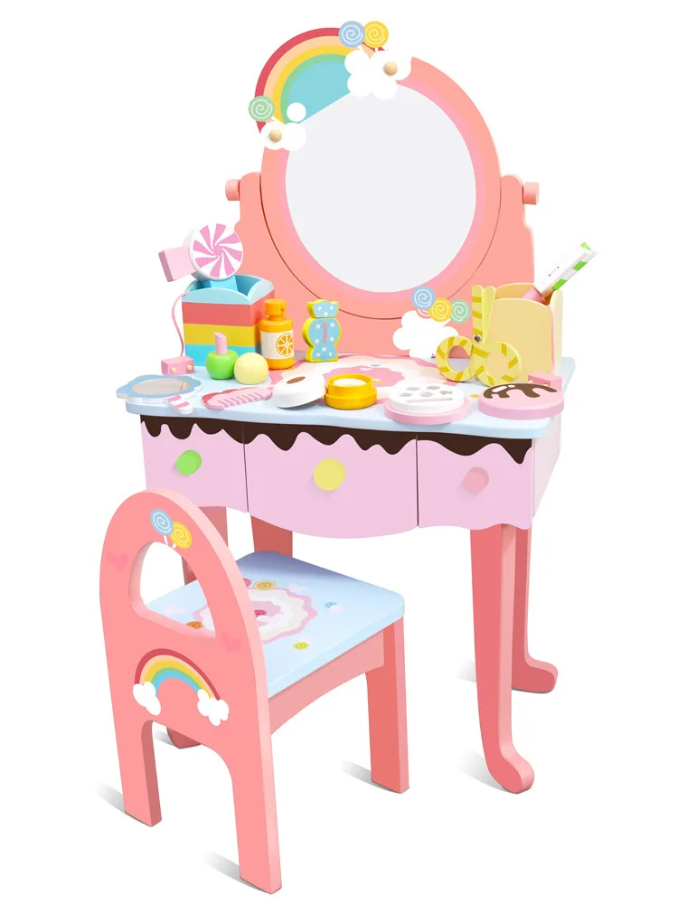 새로운 어린이용 시뮬레이션 나무 화장대 여자아이 장난감 놀이 화장 세트 화장대 놀이집 여자아이 장난감 어린이 선물