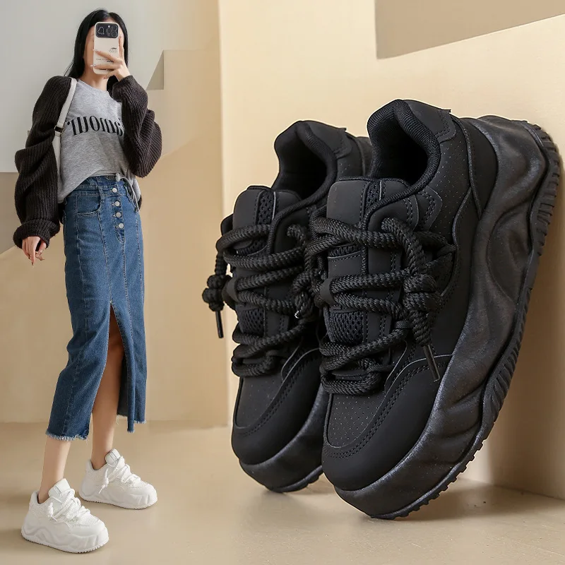 

New Chunky Women's Sneakers Casual Black White Ladies Shoes Trainer Platform Sneaker Women Lace Up Low Top Tennis Zapatillas