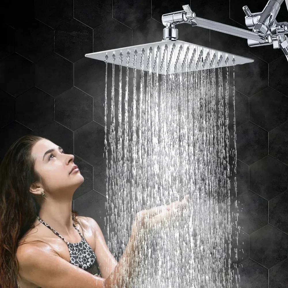 

All Metal 8" Dual Square Shower Head Combo Rain Shower Head Handheld Shower Wand Adjustable Smooth 3-Way Diverter (Chrome)