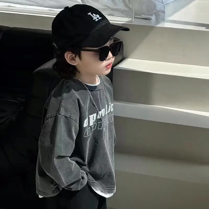 

Boys' pure cotton long sleeved T-shirt spring and autumn new style children's round neck pullover T-shirt top