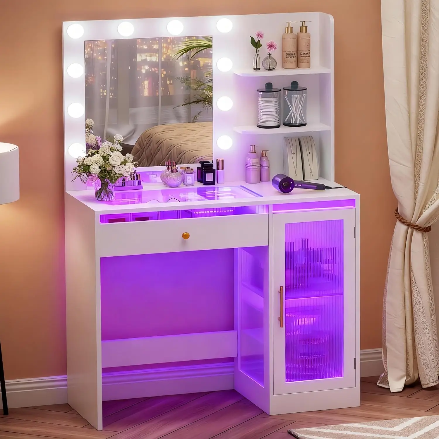 White Wooden Makeup Vanity with Tempered Glass Top, RGB Drawer & Cabinet for Bedroom
