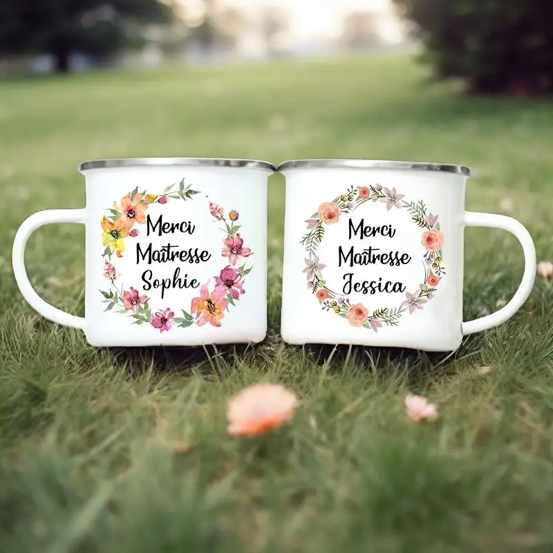 

Персонализированные кружки с французским принтом, кофейные чашки с индивидуальным именем, чашка для питья воды, молока, эмалированная кружка, школьная домашняя ручка, посуда для напитков, подарок учителю