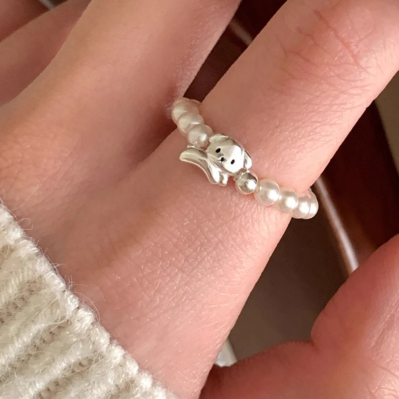 925 Sterling Silver Dog Pearl Ring For Women Irregular Beads Elastic Cute Sweet Design Jewelry Party Gift Dropshipping