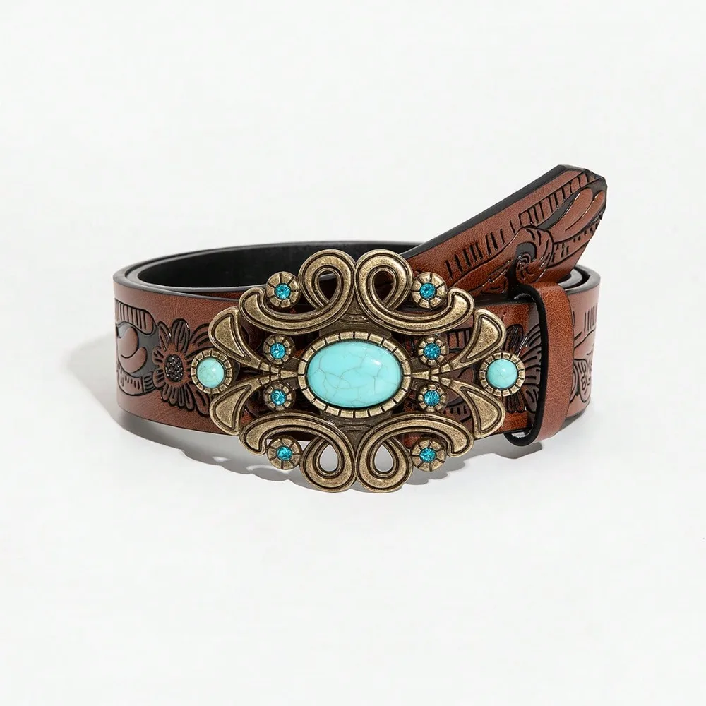1 Piece of Retro Brown Flower Embossed PU Belt