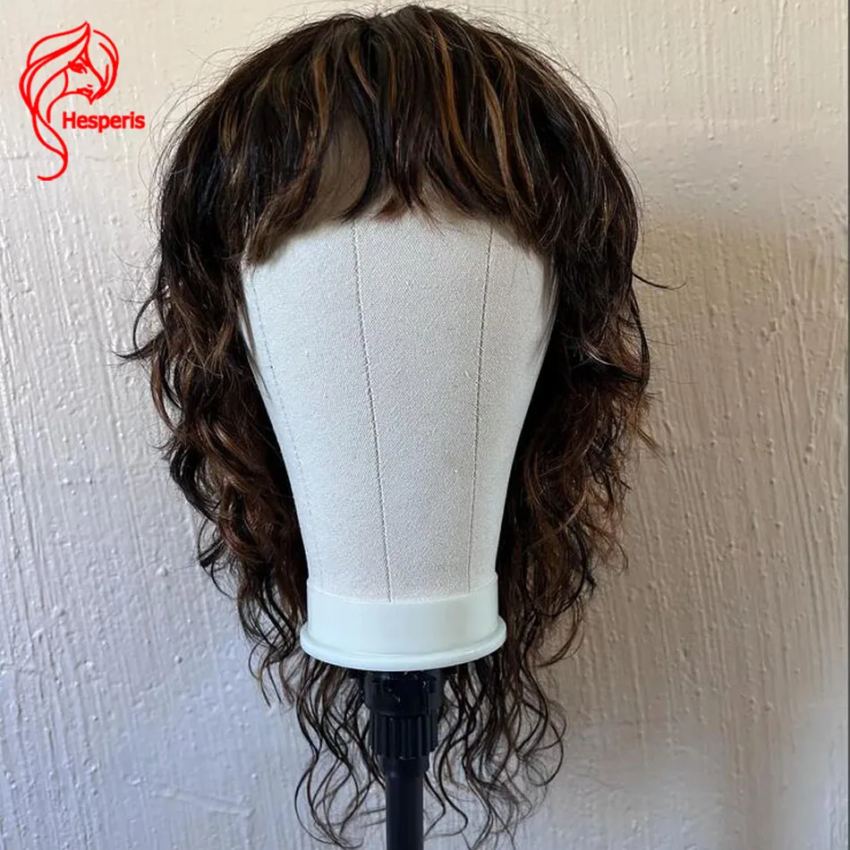 

Hesperis Blonde Highlight Human Hair Wig With Bangs Wear And Go Wig Full Machine Made Wig Scalp Top 200Density Colored For Women