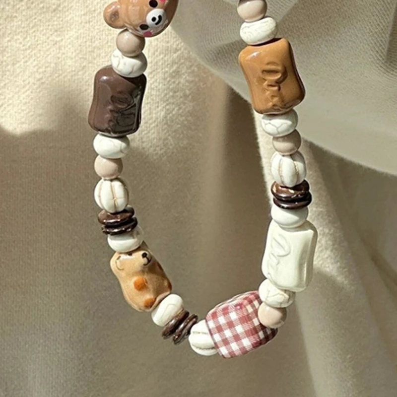 Korean Cute 3D Brown Bear Puppy Beaded Phone Chain Charm Lanyard For iPhone 15 14 7 CCD Camera Hanging Rope Girl Jewelry Pendant