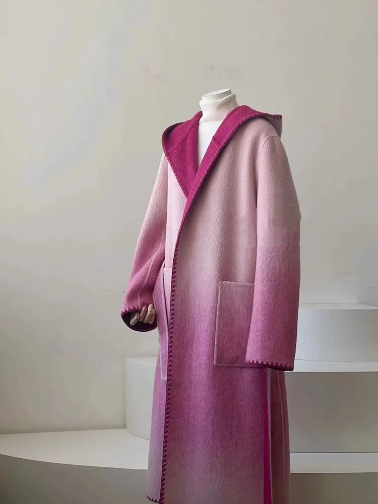 

Double-sided cashmere Office ladies Pink gradient Woolen coat for women Winter OL style Hooded Overcoat 2023 New Y4362