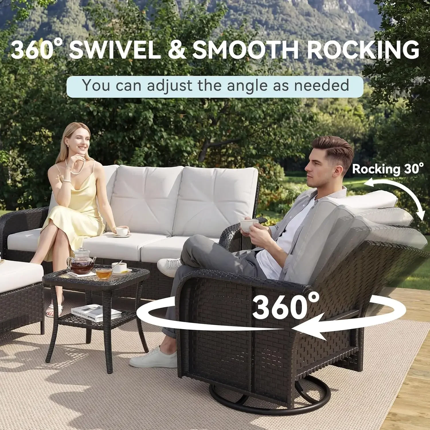 Beige Wicker Patio Set Fire Pit Table Swivel Rocker Sofa Cushions
